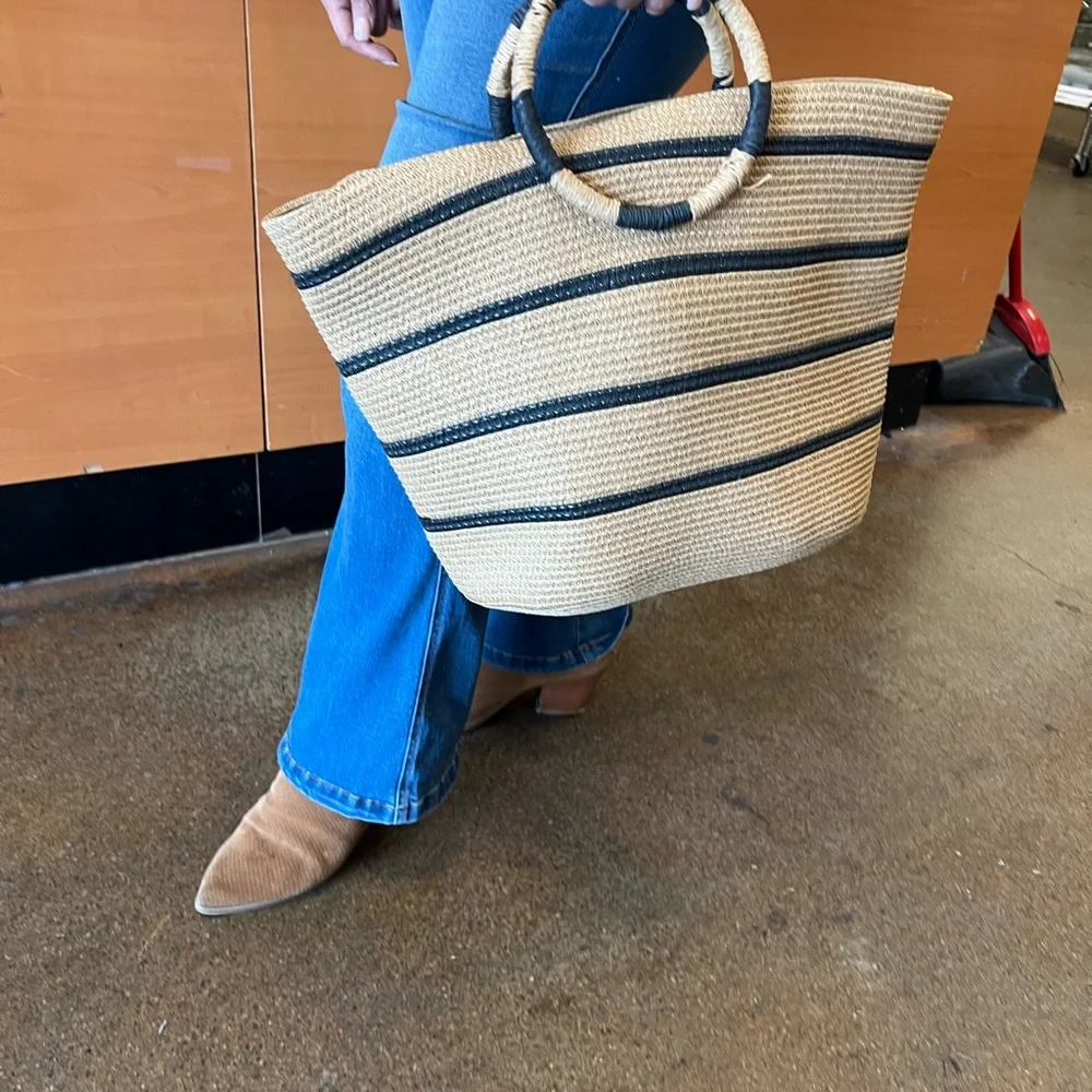 Stylish Tan and Black Woven Tote Bag